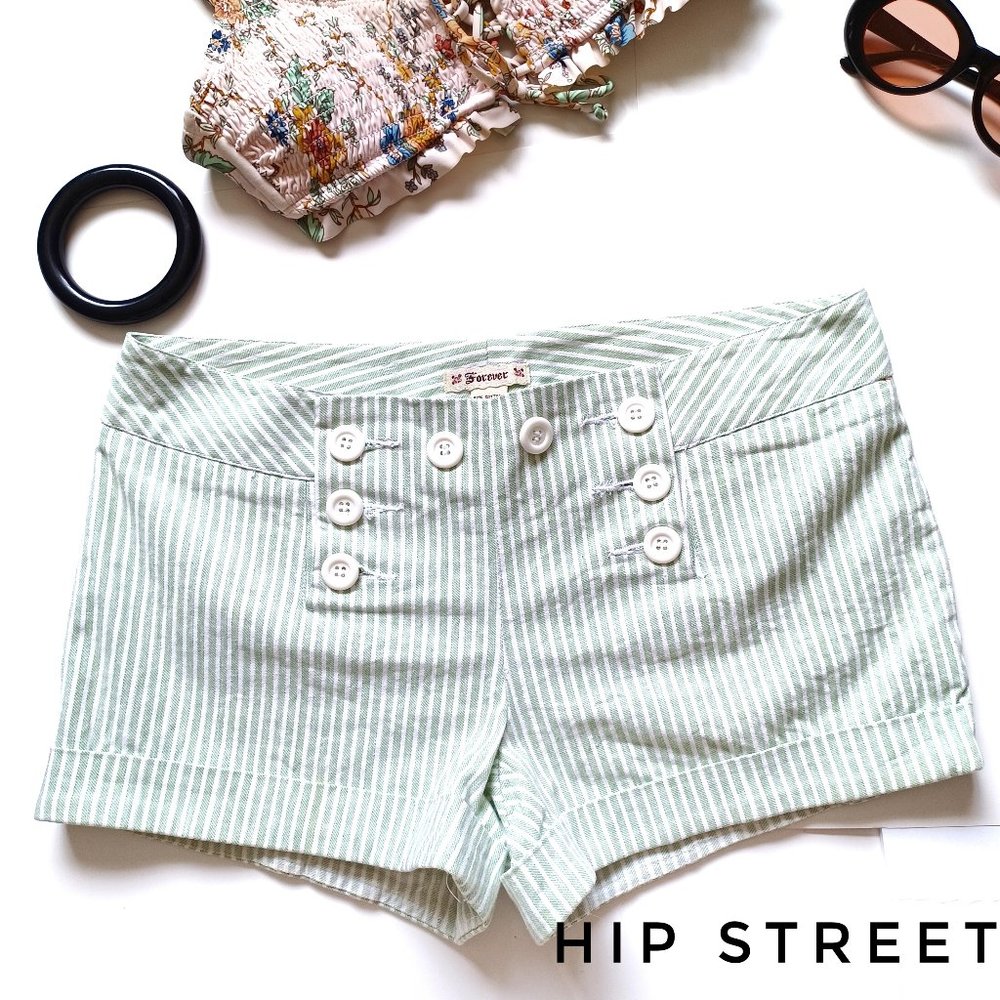 FOREVER 21 Shorts Sailor Button Front Green & Silver Edge Stripe Stretch Cuff M